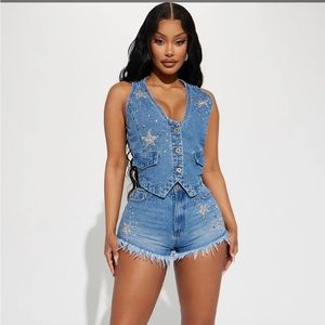 Fashion Nova Super Nova Embellished Denim Vest-Medium Blue Wash